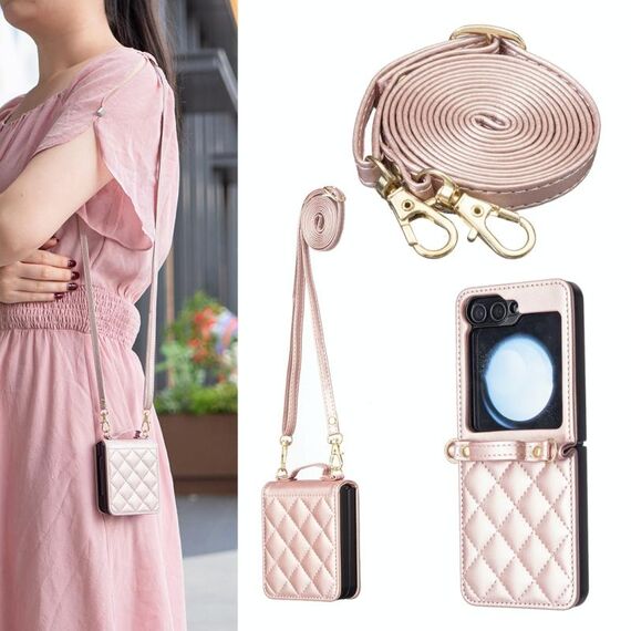 Per Samsung Galaxy Z Flip6 Custodia per telefono in pelle con cordino a forma di rombo (oro rosa)