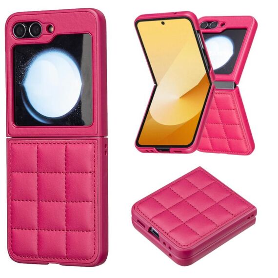 Per Samsung Galaxy Z Flip6 Custodia per telefono con cover posteriore in pelle a forma quadrata (rosso rosa)