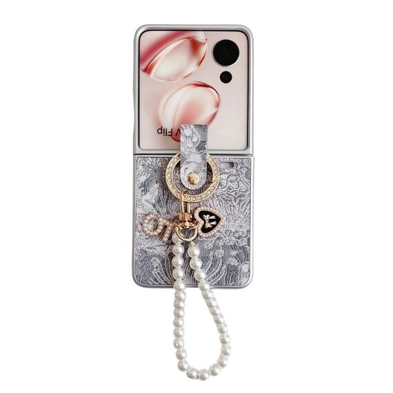 Custodia per telefono a copertura totale For Honor Magic V Flip Embroidery Style con catena ad anello (grigio)