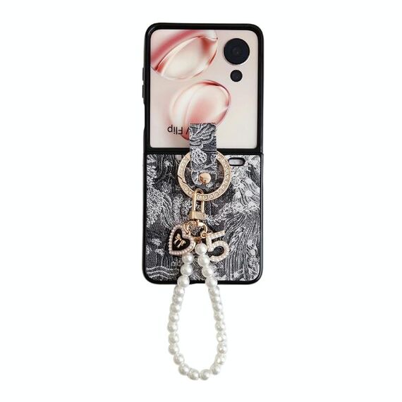 Custodia per telefono a copertura totale For Honor Magic V Flip Embroidery Style con catena ad anello (nero)