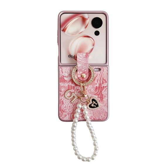 Custodia per telefono a copertura totale For Honor Magic V Flip Embroidery Style con catena ad anello (rosa)