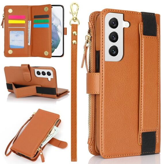 Per Samsung Galaxy S22 5G Custodia da polso con cerniera RFID in pelle per telefono (marrone)