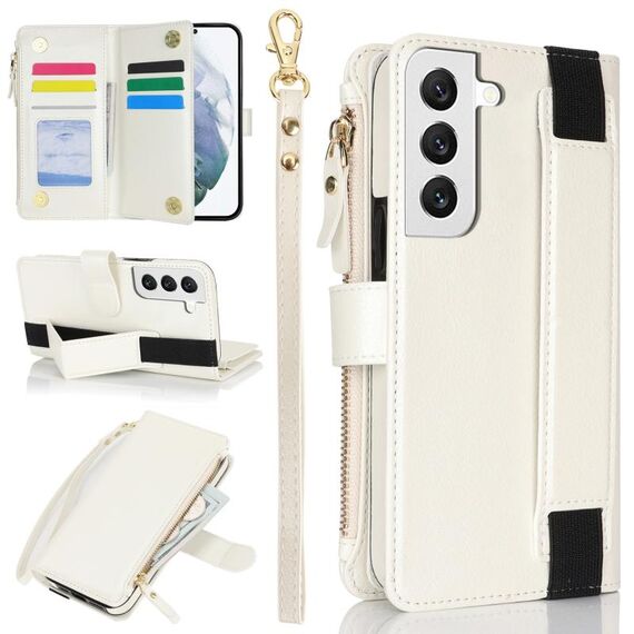 Per Samsung Galaxy S22+ 5G Custodia da polso con cerniera RFID in pelle per telefono (bianco)