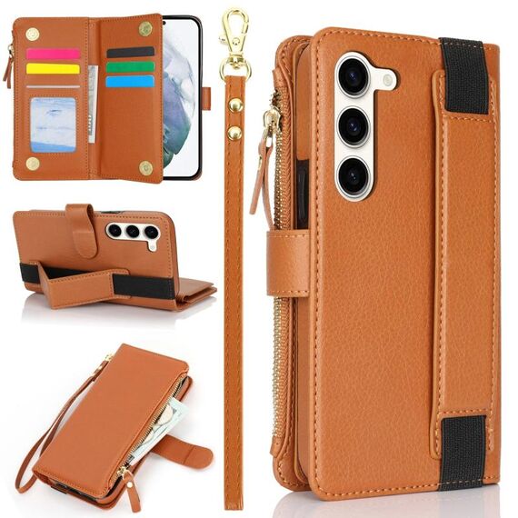 Per Samsung Galaxy S23 5G Custodia da polso con cerniera RFID in pelle per telefono (marrone)