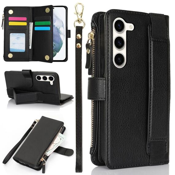 Per Samsung Galaxy S23+ 5G Custodia da polso con cerniera RFID in pelle per telefono (nero)