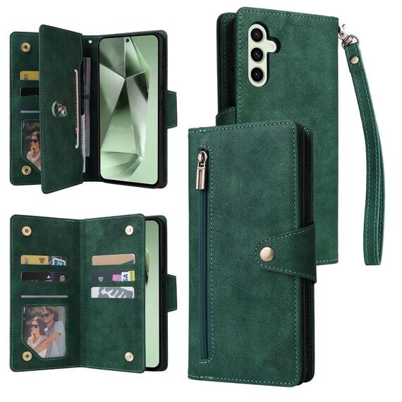 Per Samsung Galaxy S24 FE 5G Rivet Buckle 9 carte 3-Fold Wallet Custodia in pelle per telefono (verde)