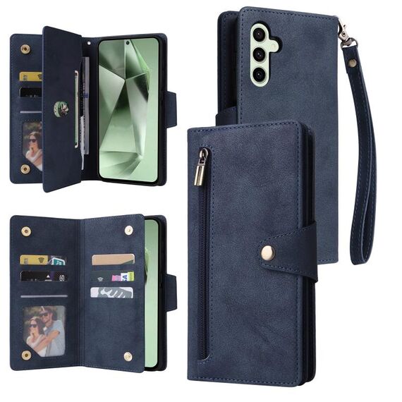 Per Samsung Galaxy S24 FE 5G Rivet Buckle 9 carte 3-Fold Wallet Custodia in pelle per telefono (blu)