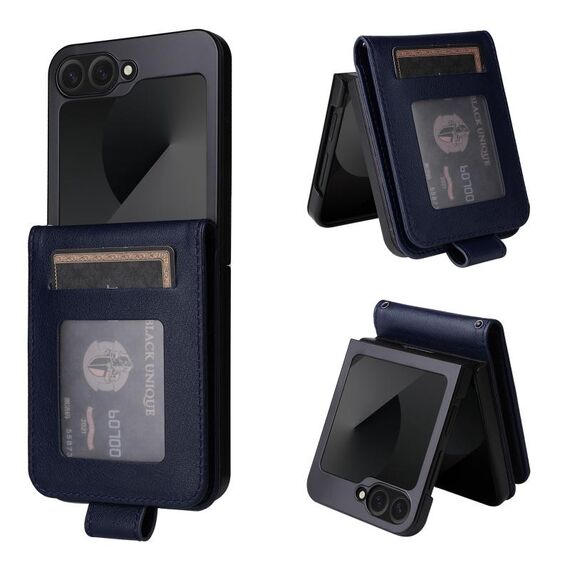 Per Samsung Galaxy Z Flip6 5G Custodia multifunzionale in pelle con chiusura orizzontale con tre slot per schede (blu navy)