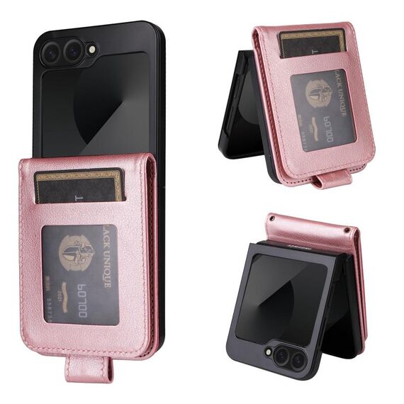 Per Samsung Galaxy Z Flip6 5G Custodia in pelle multifunzionale orizzontale con tre slot per carte (oro rosa)