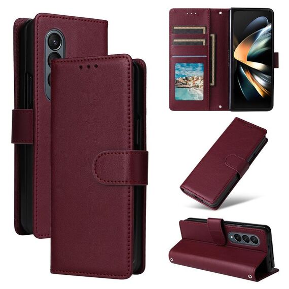 Per Samsung Galaxy Z Fold4 5G Custodia in pelle con flip orizzontale multifunzionale con tre slot per carte (rosso vino)