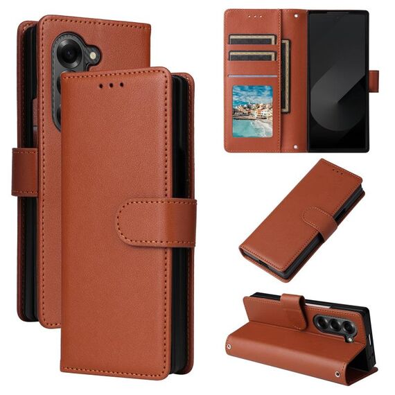 Per Samsung Galaxy Z Fold6 5G Custodia in pelle con flip orizzontale multifunzionale con tre slot per carte (marrone)