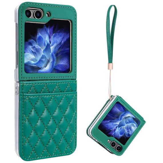 Per Samsung Galaxy Z Flip6 VIETAO Custodia per telefono con slot per schede in PU con trama rombica e cordino (verde)