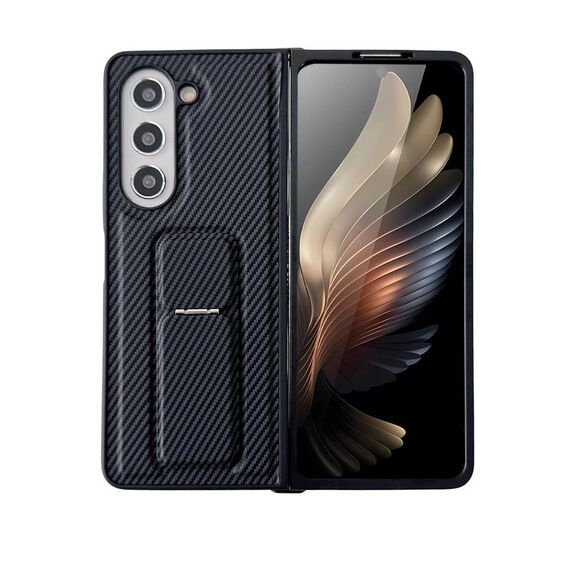 Per Samsung Galaxy Z Fold6 5G Custodia in pelle pieghevole in fibra di carbonio con supporto (nero)