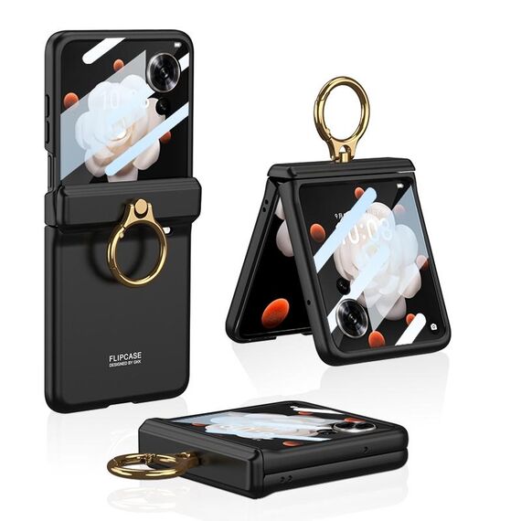 Custodia per telefono con cerniera pieghevole magnetica integrata For Honor Magic V Flip GKK con copertura completa e supporto ad anello (nero)