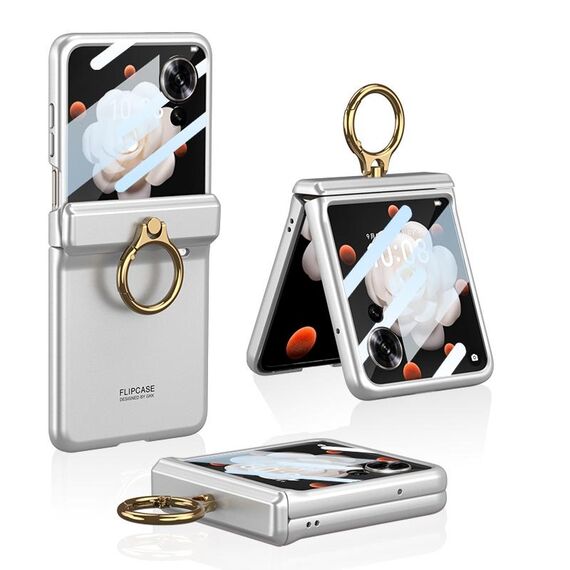 Custodia per telefono con cerniera pieghevole magnetica integrata For Honor Magic V Flip GKK con supporto ad anello (argento)