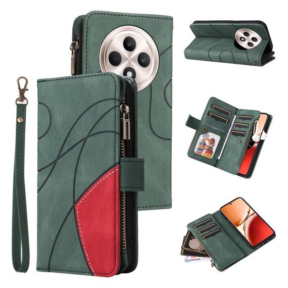 Per OPPO Reno12 F 5G Global Dual-color 9 Card Slots Zipper Wallet Custodia in pelle per telefono (verde)