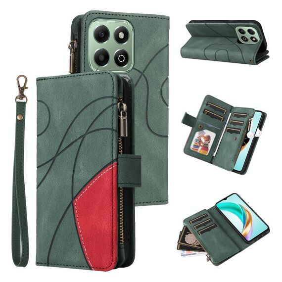 Per Honor X6b Custodia per telefono in pelle con cerniera e 9 scomparti per carte bicolore (verde)