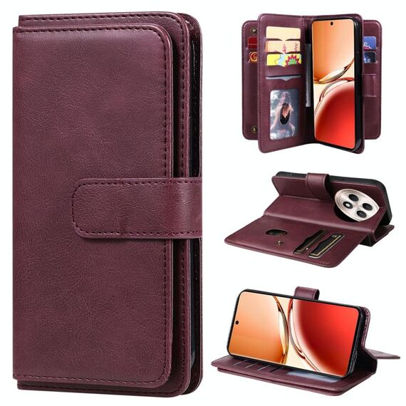 Per OPPO Reno12 F 5G Portafoglio multifunzionale globale con 10 slot per carte Custodia in pelle per telefono (Claret)