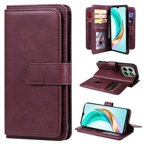 Per Honor X6b Portafoglio multifunzione 10 slot per carte Custodia in pelle per telefono (Claret)