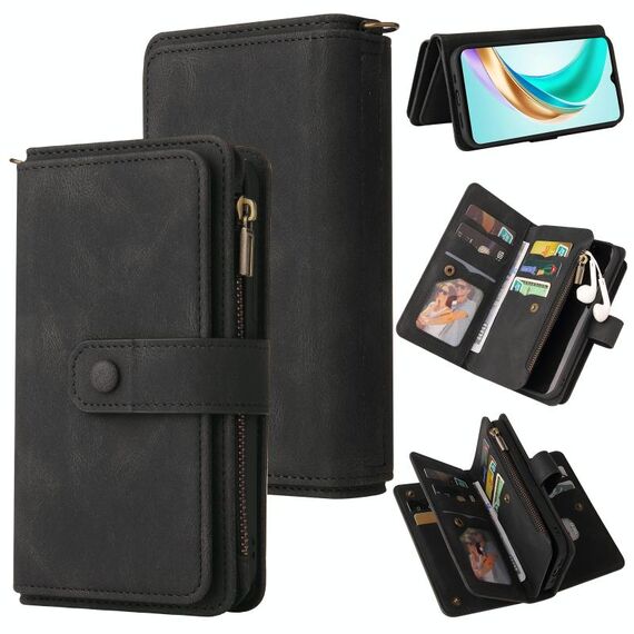 Custodia in pelle con cerniera e portafoglio multi-slot per carte di credito per Honor X6b (nero)