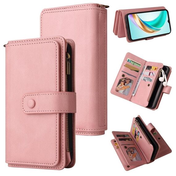 Custodia in pelle con cerniera e portafoglio multi-slot per carte di credito per Honor X6b (rosa)