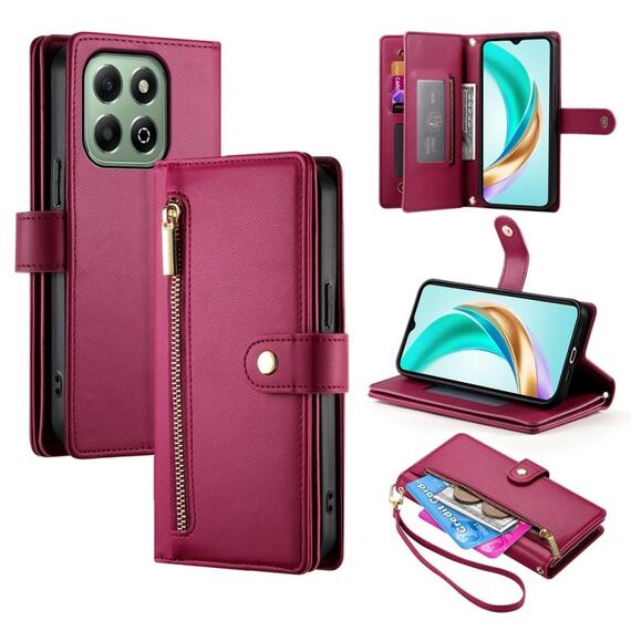 Per Honor X6b Custodia in pelle con cerniera e nove slot per schede (rosso)