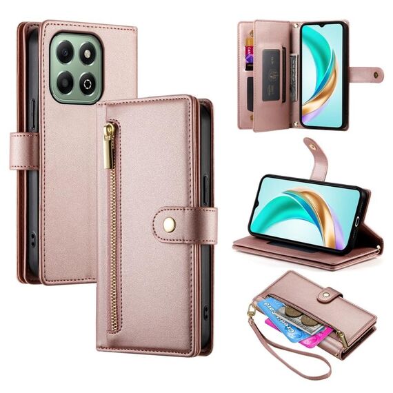 Per Honor X6b Custodia per telefono in pelle con nove slot per schede e cerniera (rosa)