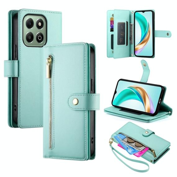 Per Honor X6b Custodia in pelle con cerniera e nove slot per schede (verde menta)