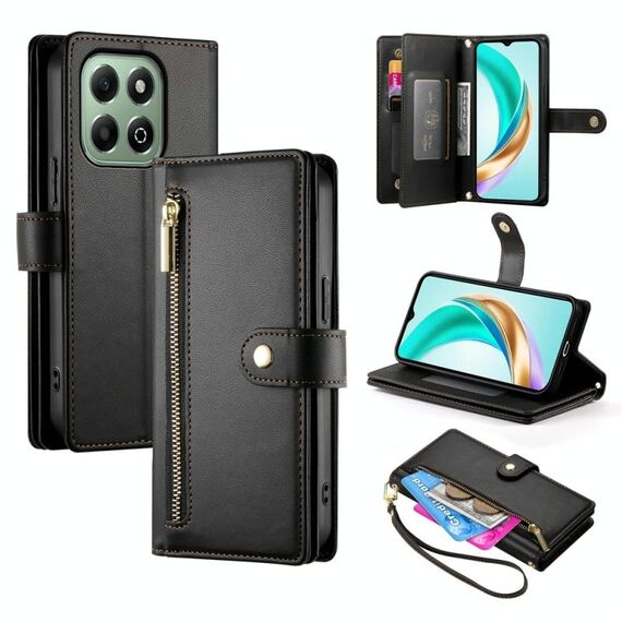 Per Honor X6b Custodia per telefono in pelle con nove slot per schede e cerniera (nero)