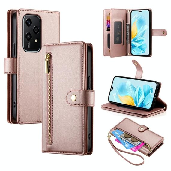 Per Honor 200 Lite Global Nine Card-slot Zipper Wallet Bag Custodia in pelle per telefono (rosa)