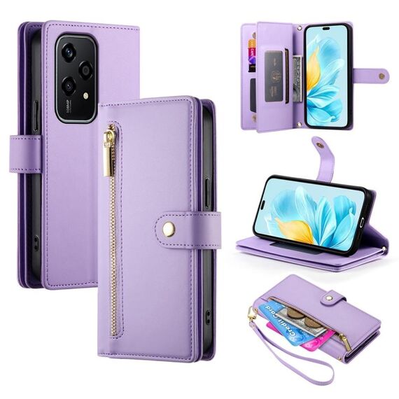 Per Honor 200 Lite Global Nine Card-slot Zipper Wallet Bag Custodia in pelle per telefono (viola)