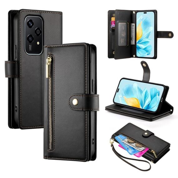 Per Honor 200 Lite Global Nine Card-slot Zipper Wallet Bag Custodia in pelle per telefono (nero)