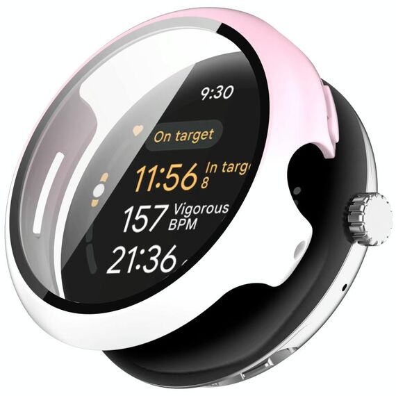 Per Google Pixel Watch 3 45mm PC + Pellicola temperata Custodia protettiva per orologio integrata (rosa + bianco)