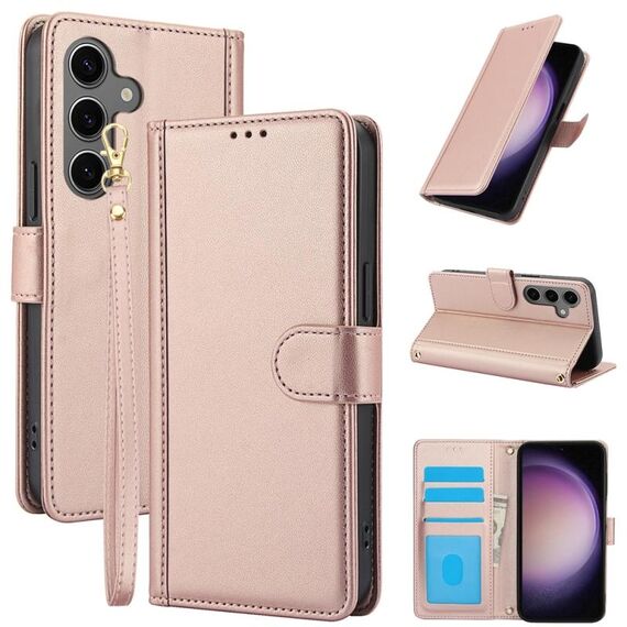 Per Samsung Galaxy S24+ 5G Custodia in pelle con slot per schede e doppio cordino, colore puro, effetto pelle (oro rosa)