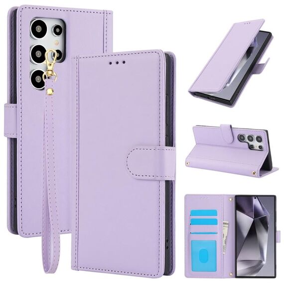 Per Samsung Galaxy S24 Ultra 5G Custodia in pelle con slot per schede di colore puro e doppio cordino (viola)