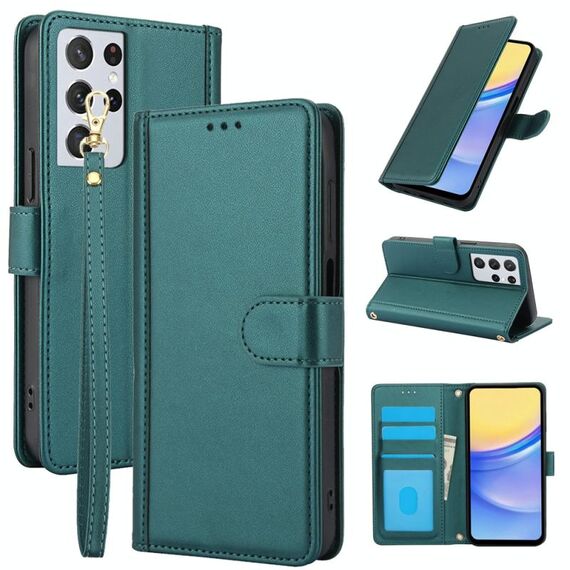 Per Samsung Galaxy S21 Ultra 5G Custodia in pelle con slot per schede di colore puro e doppio cordino (verde)