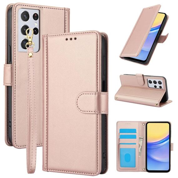 Per Samsung Galaxy S21 Ultra 5G Custodia in pelle con slot per schede e doppio cordino, colore puro, effetto pelle (oro rosa)