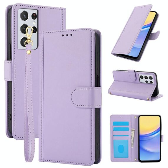 Per Samsung Galaxy S21 Ultra 5G Custodia in pelle con slot per schede di colore puro e doppio cordino (viola)