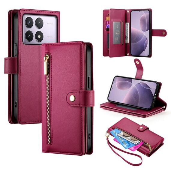 Per Redmi K70 Custodia in pelle con cerniera e nove slot per schede (rosso)