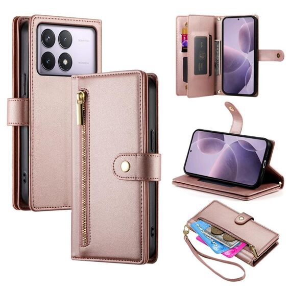Per Redmi K70 Custodia in pelle con cerniera e nove slot per schede (rosa)