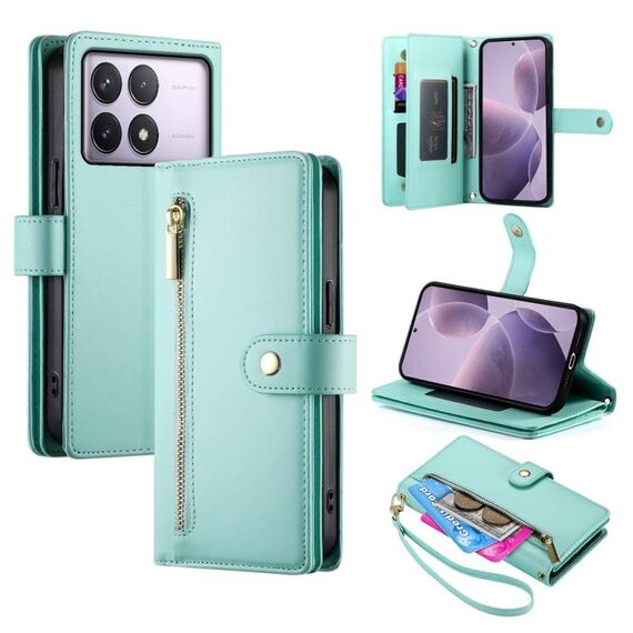 Per Redmi K70 Custodia in pelle con cerniera e nove slot per schede (verde menta)