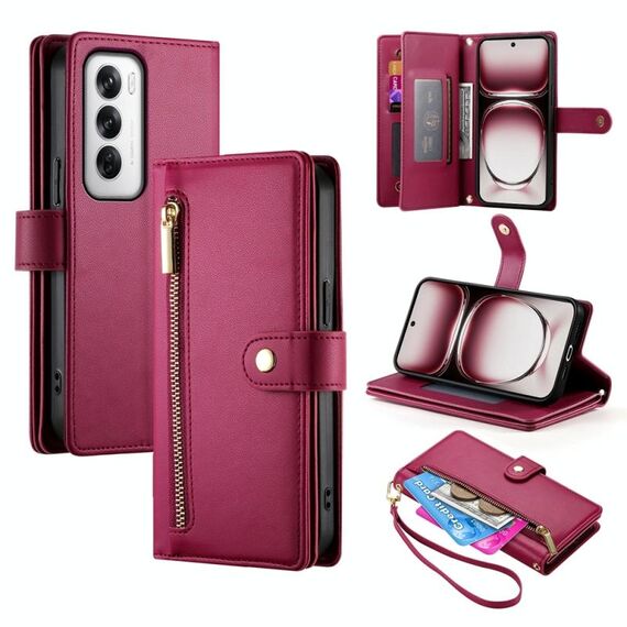 Per OPPO Reno12 Global Nine Card-slot Zipper Wallet Bag Custodia in pelle per telefono (rosso)