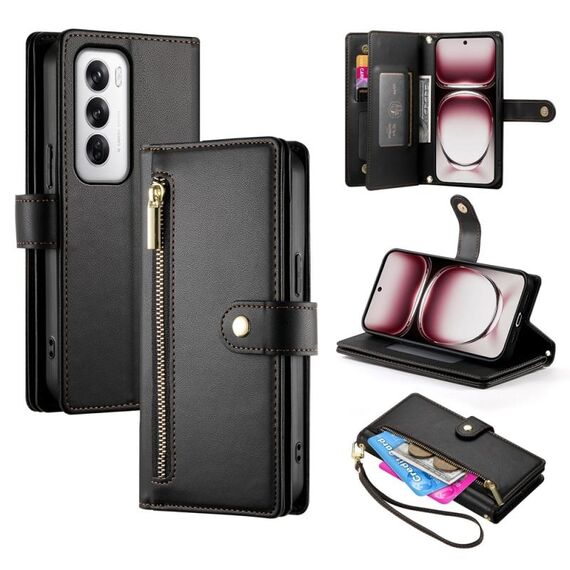 Per OPPO Reno12 Global Nine Card-slot Zipper Wallet Bag Custodia in pelle per telefono (nero)