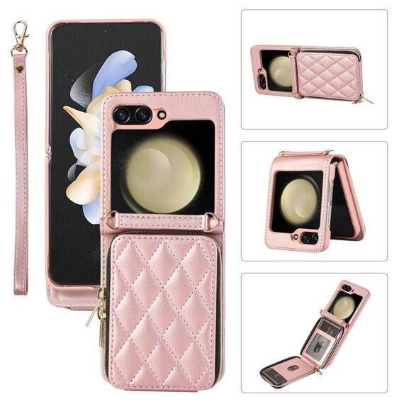 Per Samsung Galaxy Z Flip6 Custodia per telefono in pelle con cerniera completa rhombica (oro rosa)