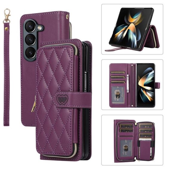Per Samsung Galaxy Z Fold6 Custodia per telefono in pelle con cerniera completa rhombica (viola scuro)