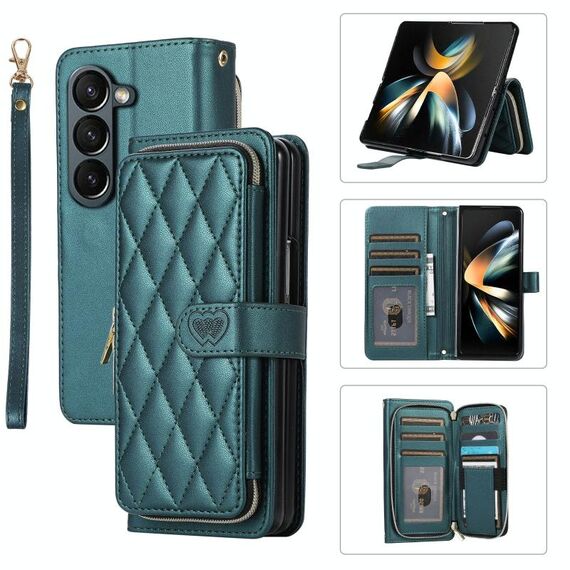 Per Samsung Galaxy Z Fold6 Custodia per telefono in pelle con cerniera completa rhombica (verde)