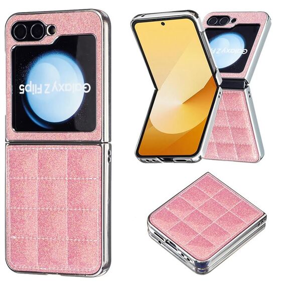 Per Samsung Galaxy Z Flip6 Custodia per telefono in PU con glitter quadrato galvanico (rosso rosa)