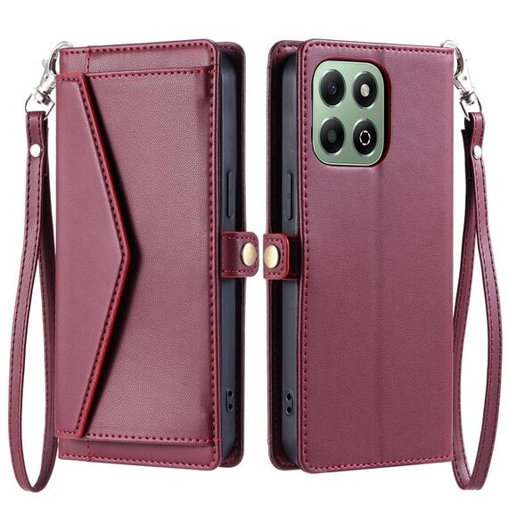 Per Honor X6b / X6a Portafoglio Multi-Slot per Scheda Custodia in Pelle per Telefono con Laccetto (Rosso Vino)