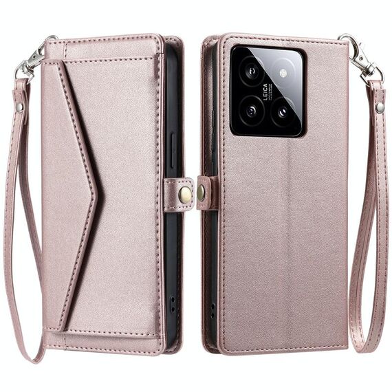 Per Xiaomi 14 Portafoglio Multi-Slot per Carta Custodia in Pelle per Telefono con Lanyard (Oro Rosa)