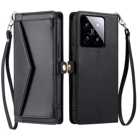 Per Xiaomi 14 Portafoglio Multi-Slot per Carta Custodia per Telefono in Pelle con Laccetto (Nero)